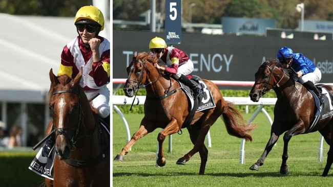 Linebacker (left) holds out odds-on favourite Broadsiding in the Group 1 Randwick Guineas to jockey Zac Lloyd’s (left) delight. Picture: Jeremy Ng/Getty Images