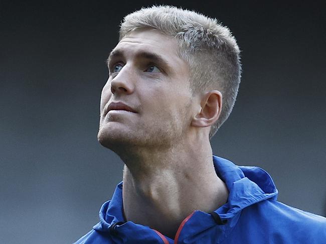 MELBOURNE, AUSTRALIA - AUGUST 03: Tim English of the Bulldogs looks on during a Western Bulldogs AFL training session at Marvel Stadium on August 03, 2023 in Melbourne, Australia. (Photo by Daniel Pockett/Getty Images)