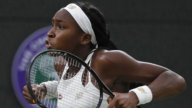 US tennis prodigy Cori ‘Coco’ Gauff celebrates her Wimbledon second round win over Slovakia’s Magdalena Rybaikova. Picture: AP