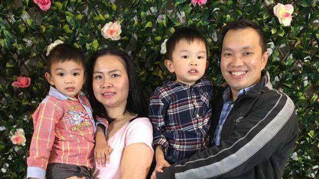 Angie Suryadi, 41, pictured with her husband Arnold Aditiasvara, 41 and their children Oliver, aged 4, Johnathon, aged 5. Oliver remains fighting for life after yesterday’s tragic freak accident.