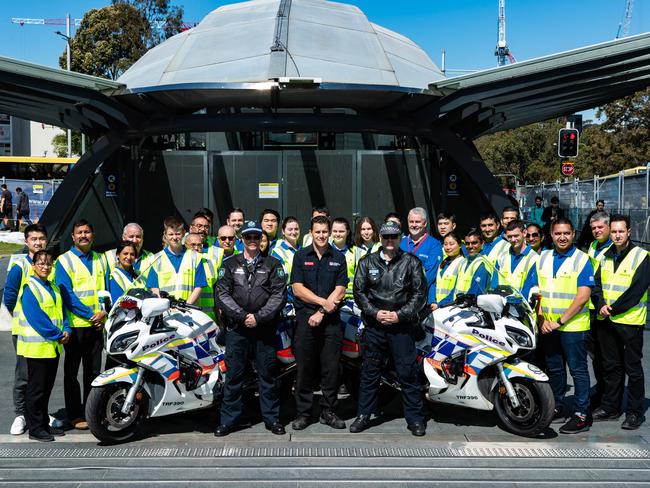 The transport and police frontline say they are prepared for the Epping to Chatswood rail shutdown. (L-R in front of the motorcycles) is Senior Constable Greg Lapham; Trent Wheeler, Transport Commander, and Senior Constable Darren Jones. (AAP Image / Julian Andrews).