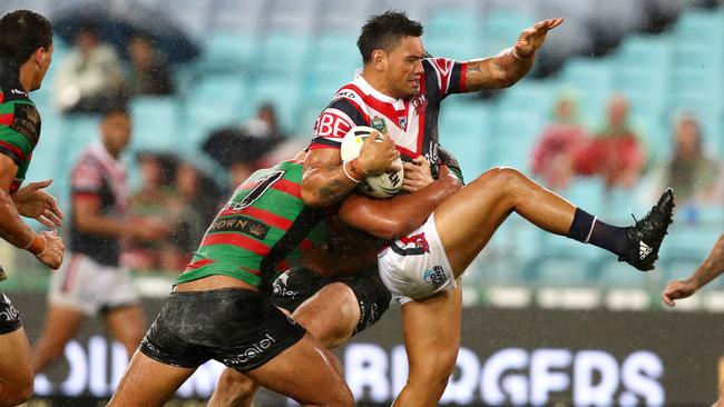 Rooster Zane Tetevano barges through rival outfit Souths.