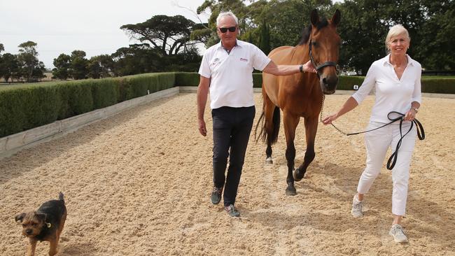 Test driving the outdoor exercise arena with Calcanta, one of the two of the couple’s horses that have qualified for the Tokyo Olympics.