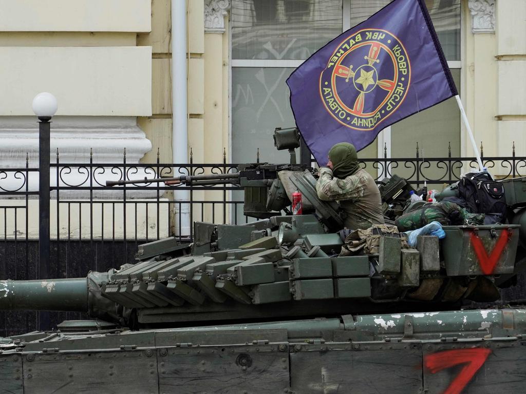 Members of Wagner group sit atop of a tank in a street in the city of Rostov-on-Don, on June 24. Picture: AFP