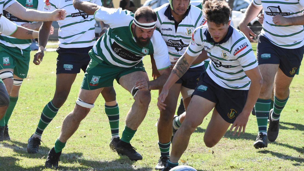 The race is on for the ball during Ipswich Rangers Barber Cup rugby match against Brisbane Irish at Woodend Park. Picture: Gary Reid