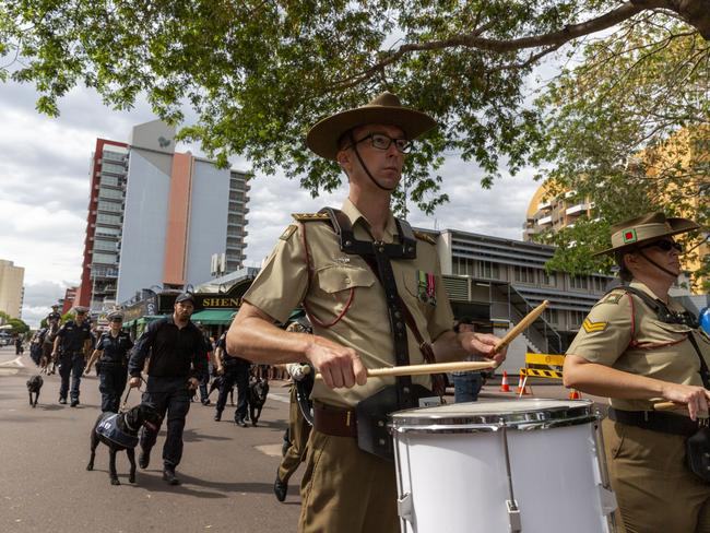 Drummers leading the Police Remembrance Day march. Picture: Floss Adams.