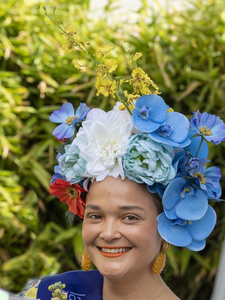 Anna Sillett won best head dress in fashion on the field. Weetwood day at Clifford Park race course. Saturday, September 25, 2021. Picture: Nev Madsen.