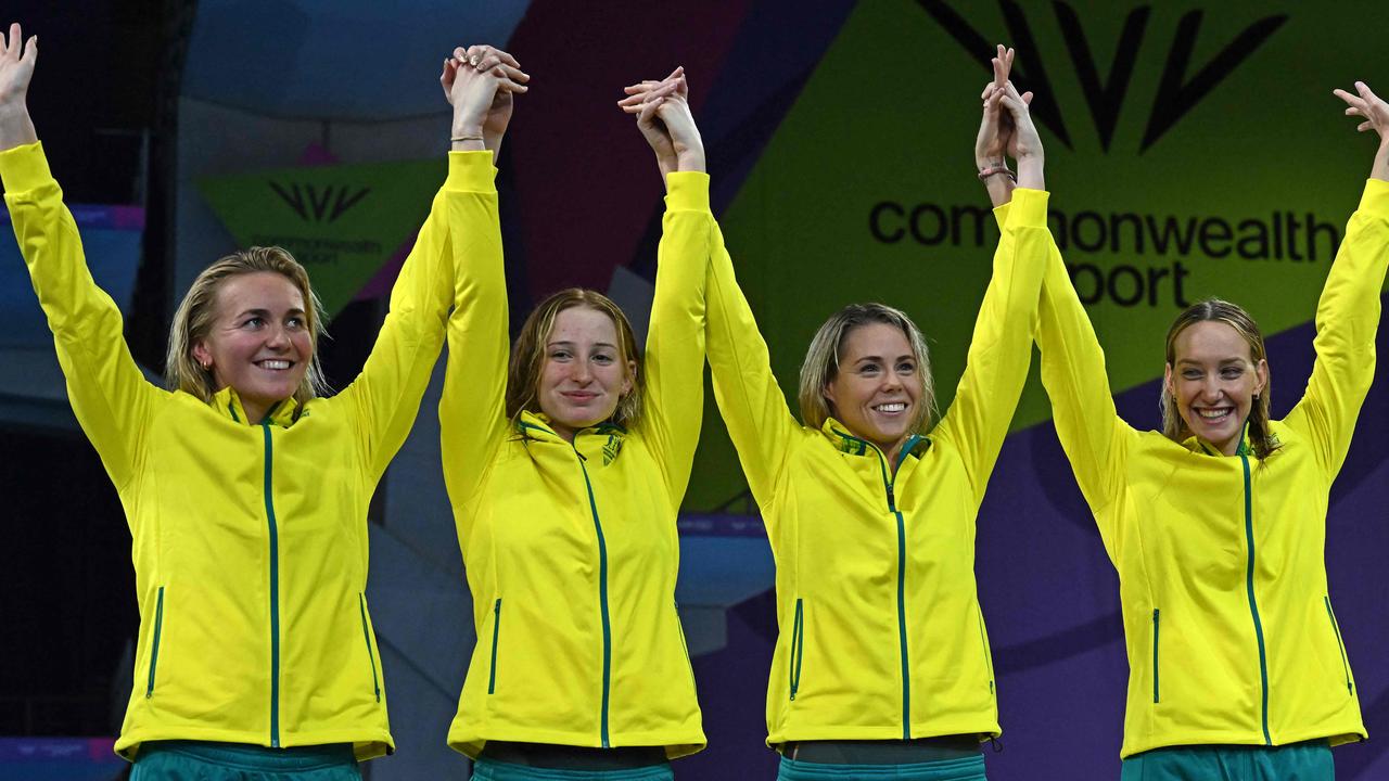 Gold medallists Australia's Ariarne Titmus, Australia's Mollie O'Callaghan, Australia's Kiah Melverton and Australia's Madison Wilson