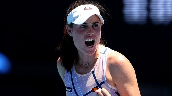 Australia's Kimberly Birrell celebrates a point against Estonia's Kaia Kanepi during their women's singles match on day two of the Australian Open tennis tournament in Melbourne on January 17, 2023. (Photo by Martin KEEP / AFP) / -- IMAGE RESTRICTED TO EDITORIAL USE - STRICTLY NO COMMERCIAL USE --