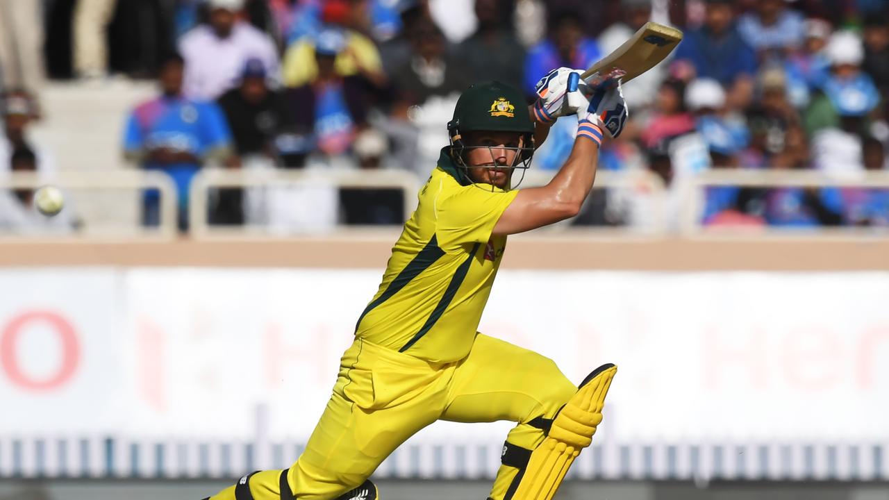 Australian cricketer Aaron Finch plays a shot during the third one-day international (ODI) cricket match between India and Australia at the Jharkhand State Cricket Association International Cricket Stadium, in Ranchi on March 8, 2019.