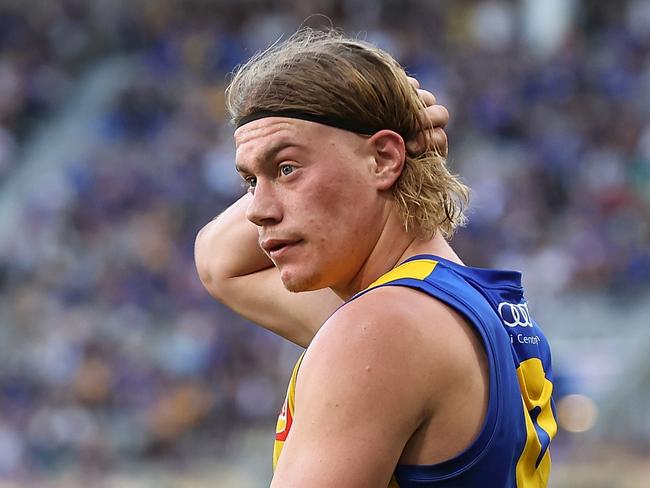 PERTH, AUSTRALIA - JUNE 01: Harley Reid of the Eagles looks on after giving away a free kick with a heavy tackle on Darcy Wilson of the Saints during the round 12 AFL match between West Coast Eagles and St Kilda Saints at Optus Stadium, on June 01, 2024, in Perth, Australia. (Photo by Paul Kane/Getty Images)