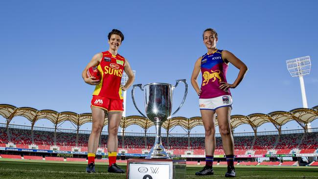 The Suns and Lions are going head to head on Saturday in the first AFLW Q-Clash. Suns Sam Virgo and Lions Lauren Arnell at Metricon Stadium, Picture: Jerad Williams