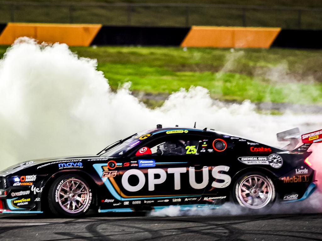 Chaz Mostert celebrates after one of his victories in a clean sweep at the Sydney SuperNight. Picture: Mark Horsburgh/EDGE Photographics