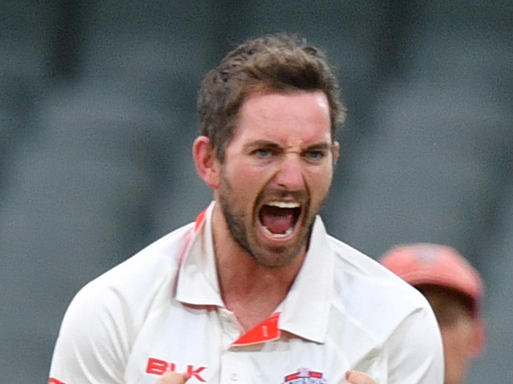 Chadd Sayers of the Redbacks reacts after dismissing Nick Larkin of the Blues during the JLT Sheffield Shield match between South Australia and New South Wales at Adelaide Oval in Adelaide, Friday, October 19, 2018. (AAP Image/David Mariuz) NO ARCHIVING, EDITORIAL USE ONLY, IMAGES TO BE USED FOR NEWS REPORTING PURPOSES ONLY, NO COMMERCIAL USE WHATSOEVER, NO USE IN BOOKS WITHOUT PRIOR WRITTEN CONSENT FROM AAP