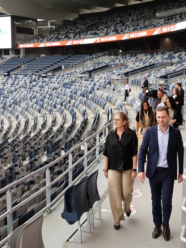 Premier Jacinta Allan and Joel Selwood at the Kardinia Park new Joel Selwood stand opening. Picture: Alison Wynd