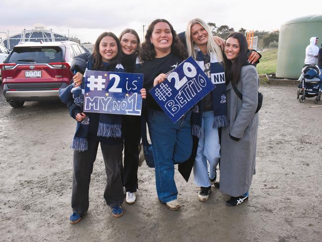 West Gippsland league grand final match 2024 — Phillip Island Bulldogs V Nar Nar Goon "The Goon" Football Club at Garfield Recreation Reserve on September 14, 2024: Emily, Nicole, Chloe Bernard, Maddy and Taylah. Picture: Jack Colantuono