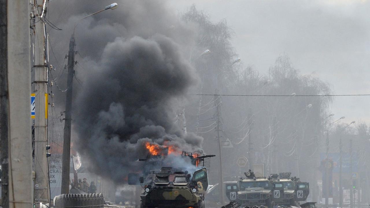 A Russian Armoured personnel carrier following street fighting in February. Picture: AFP