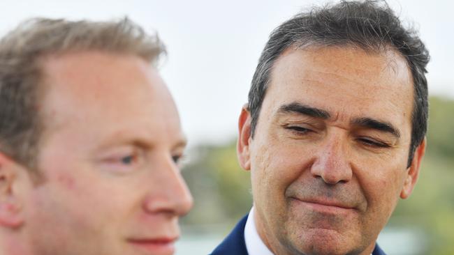 Then South Australian Premier Steven Marshall and then Minister for Water and Environment David Speirs speak to the media at Elder Park in 2019. Picture: AAP Image/David Mariuz