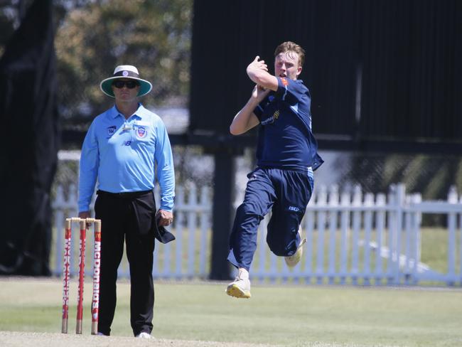 Manly’s Thomas Walker during his five-wicket spell. Picture Warren Gannon Photography