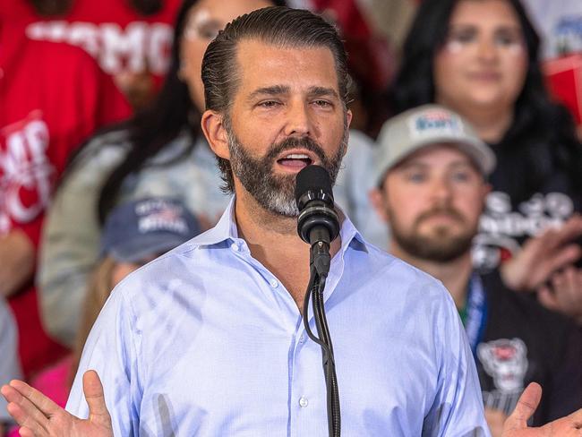 Donald Trump, Jr., son of former US President and Republican presidential candidate Donald Trump, speaks at a campaign rally in Sanford, North Carolina, on November 3, 2024. (Photo by Grant BALDWIN / AFP)