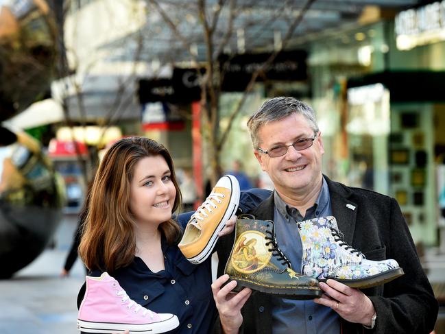 22/08/16 Rundle Mall turning 40 in September. Six generations have owned Barlow shoes, traded on Rundle Mall since it opened, now tucked in Charles Street off mall. stories about the mall over its history. Pictured,  Brenton and Sarah Whittenbury, father and daughter.Pic Roy VanDerVegt