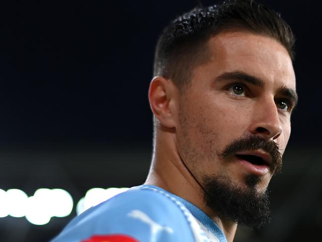 BRISBANE, AUSTRALIA - OCTOBER 14: Jamie Maclaren of Melbourne City takes to the field for wam ups ahead of the round two A-League Men's match between Brisbane Roar and Melbourne City at Suncorp Stadium, on October 14, 2022, in Brisbane, Australia. (Photo by Albert Perez/Getty Images)