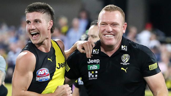 Richmond's Liam Baker and Leppitsch after 2020 AFL Grand Final. Picture: Sarah Reed