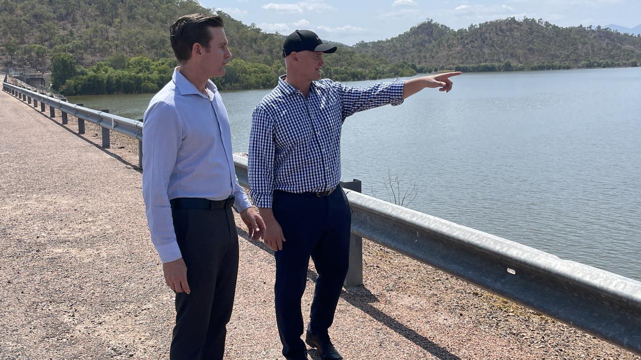 Councillor Kurt Rehbein and Water Minister Glenn Butcher at Ross River Dam look at the site last year, where pipes went into the ground for the Haughton Pipeline Stage 2. Picture: Leighton Smith.