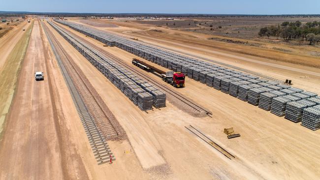 Aerial view from the opposite direction, with formation and gantry rail, and sleeper stockpiles. Picture: Cameron Laird