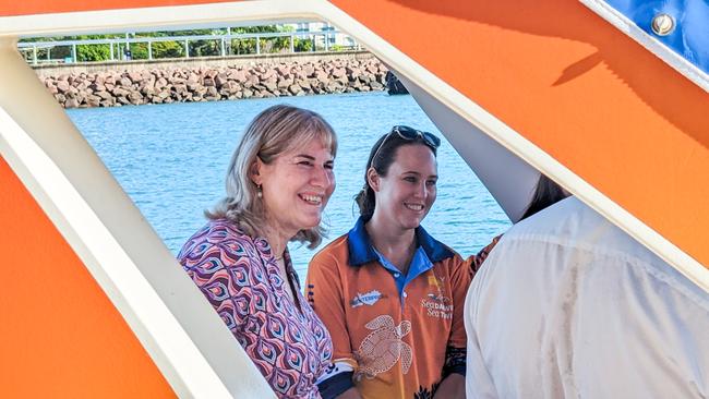 Chief Minister Eva Lawler aboard a Sea Darwin – Sea Tiwi vessel in Darwin Harbour, alongside a new trainee at the business. Picture: Alex Treacy