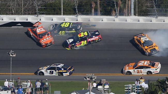 Jimmie Johnson, driver of the #48 Lowe's for Pros Chevrolet, is involved in an on-track incident with several other cars in the Daytona 500.