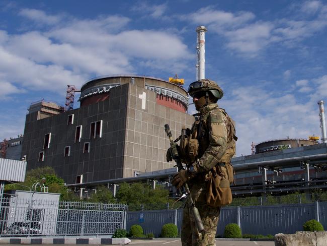 A Russian serviceman patrols the territory of the Zaporizhzhia Nuclear Power Station in Energodar. Picture: AFP