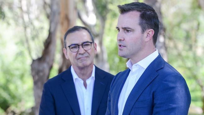 The-then premier Steven Marshall watches Sturt MP James Stevens at a February 26 Felixstow Reserve press conference. Picture: Brenton Edwards