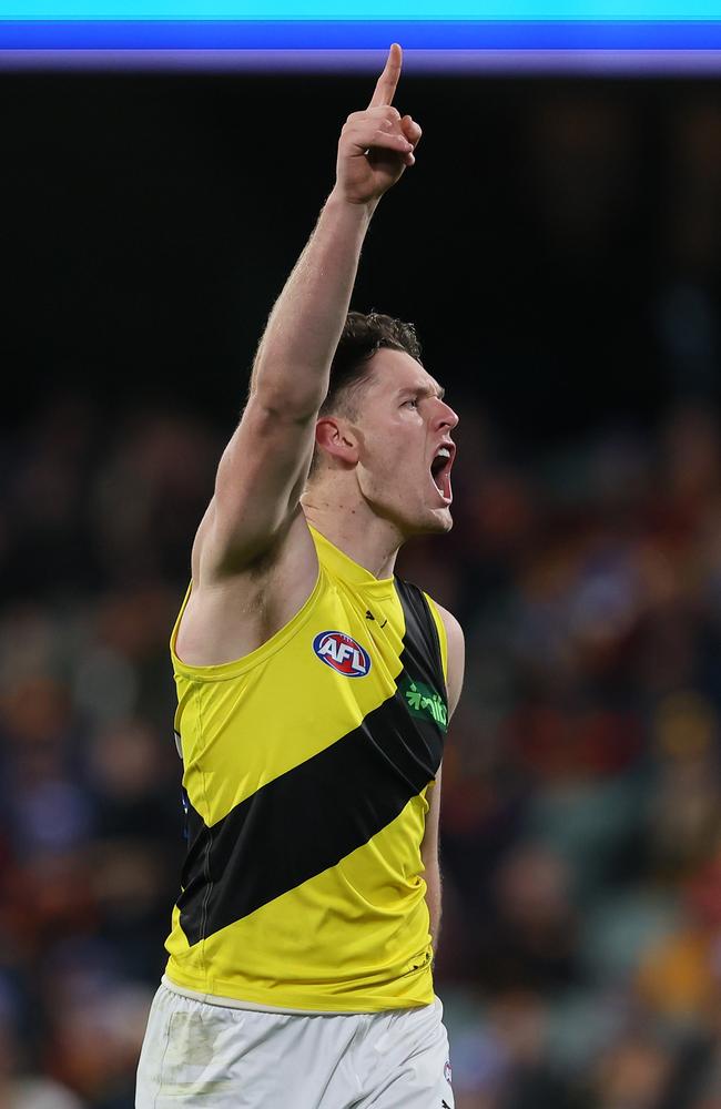 Jacob Koschitzke celebrates a goal against the Crows. Picture: James Elsby/AFL Photos via Getty Images.