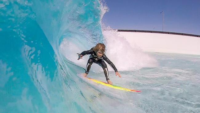 Teddy Robbertson, 8, at Melbourne’s UrbnSurf. Picture: Jason Edwards