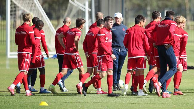 Reds players train at Playford for the final time before the A-League season was suspended last month due to the coronavirus. Picture: Tait Schmaal