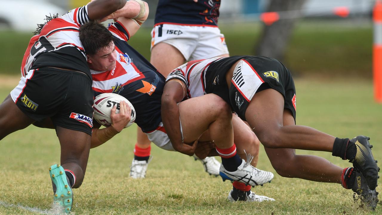 Aaron Payne Cup clash between Kirwan High Bears and St Patrick's College at Kirwan. Bears Tajshon Santos-Messa and Xavier Chatfield tackle St Patrick's Ethan Cocco. Picture: Evan Morgan