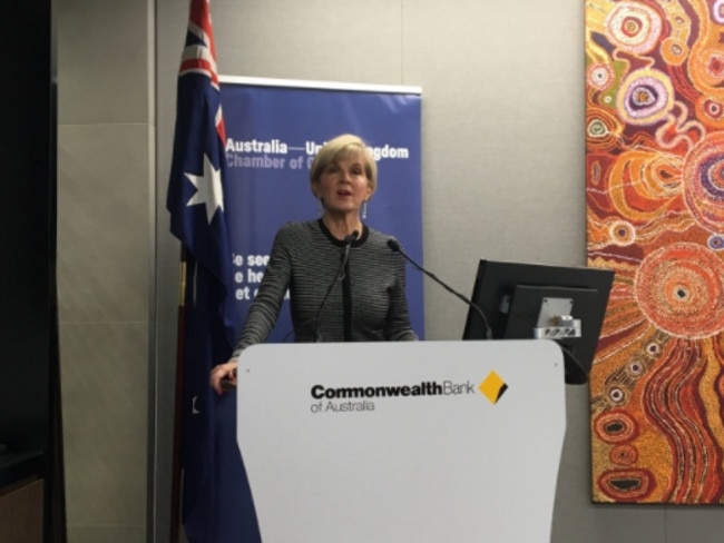 Foreign Minister Julie Bishop spoke in London at an Australia-United Kingdom Chamber of Commerce event. Picture: Twitter/Alexander Downer