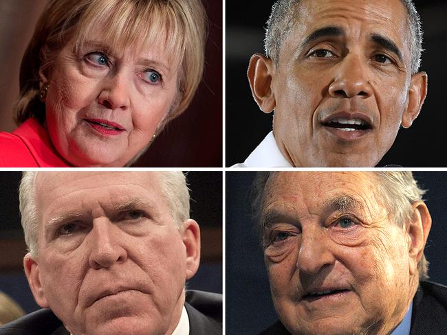 Targeted: (clockwise from top left) Hillary Clinton, Barack Obama, George Soros and Jim Brennan.