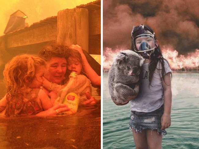 Tammy Holmes and her grandchildren in 2013, left, and a photoshopped image of a girl with a koala.