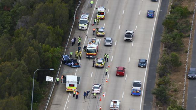 An aerial view of the crash scene on the M1 on Monday. Photo: David Clark