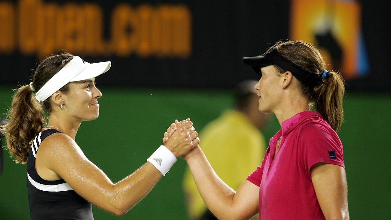 Swiss legend Martina Hingis (left) was central to some significant moments in Sam Stosur’s career.