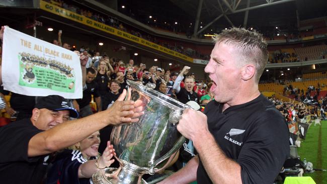 Brad Thorn of the All Blacks celebrates winning the Bledisloe Cup at Suncorp Stadium in Brisbane.