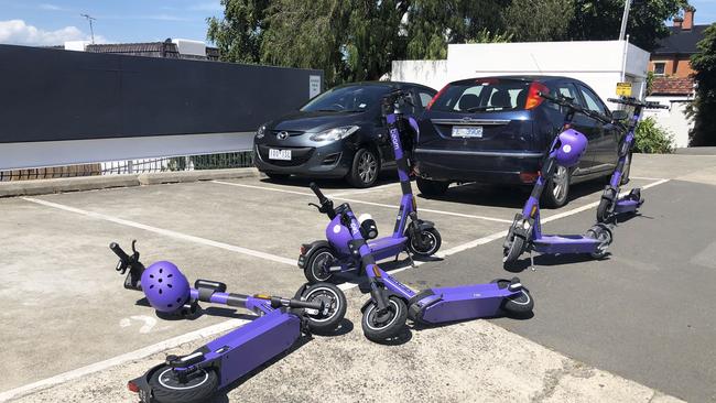 Five of the new scooters introduced in Hobart for people to hire on Sandy Bay Road Sandy Bay a day after the launch. Picture: Nikki Davis-Jones