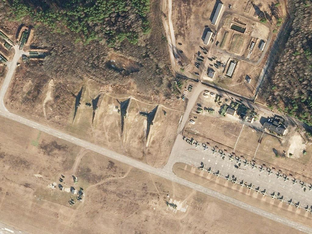 Russian aircraft on the ground at Luninets Airbase, Belarus, about 50km north of the Ukrainian border. Picture: AFP/ HO/ PLANET LABS PBC