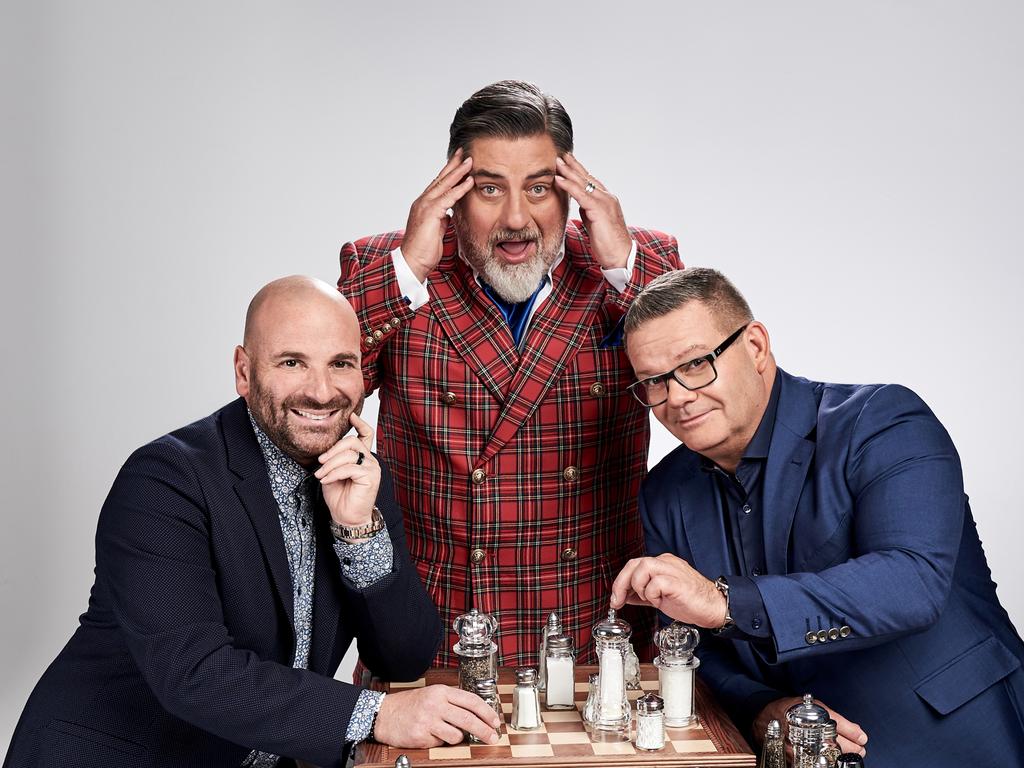 Matt Preston (centre) with fellow MasterChef Australia judges George Calombaris and Gary Mehigan in 2019. Picture: Tina Smigielski