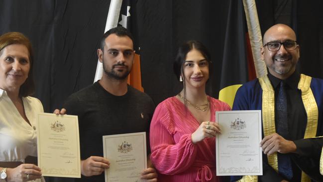 Maria Papadami, Themelis Nikolaos Leventis, and Dimitra Leventi, from Greece, became Australian citizens on Australia Day. Picture: Sierra Haigh