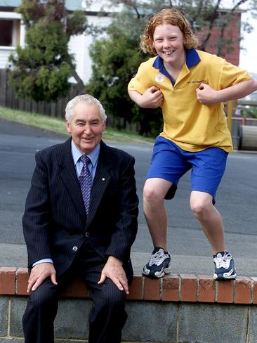 Bruce Goodluck with grandson Isaac Rafter, 11, at St Cuthbert’s Catholic School at Lindisfarne.