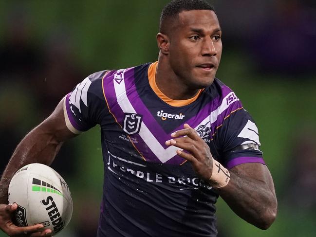 Suliasi Vunivalu of the Melbourne Storm runs with the ball  during the Round 25 NRL match between the Melbourne Storm and the North Queensland Cowboys at AAMI Park in Melbourne, Friday, September 6, 2019. (AAP Image/Scott Barbour) NO ARCHIVING, EDITORIAL USE ONLY