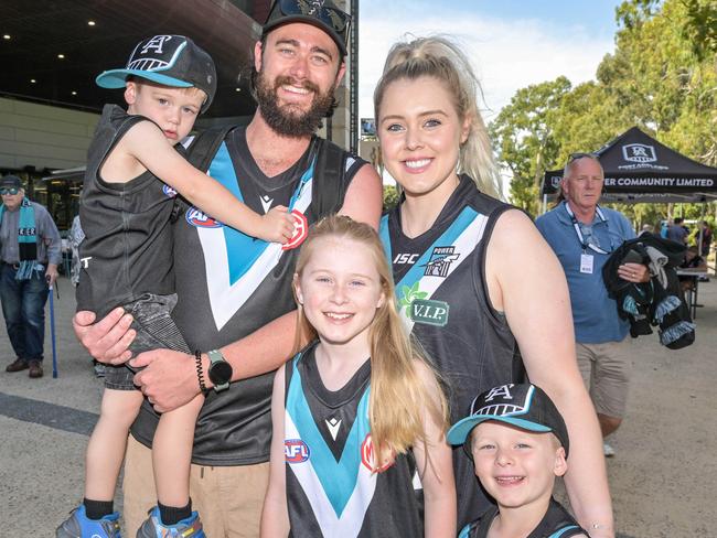 Port Adelaide and Brisbane fans at Adelaide Oval for the 2023 season opener against the Brisbane Lions on March 18, 2023. Picture Brenton Edwards